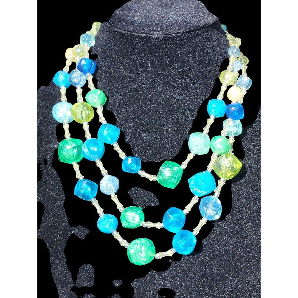 VTG West Germany Triple Strand Faceted Blue Green Bead  Necklace READ